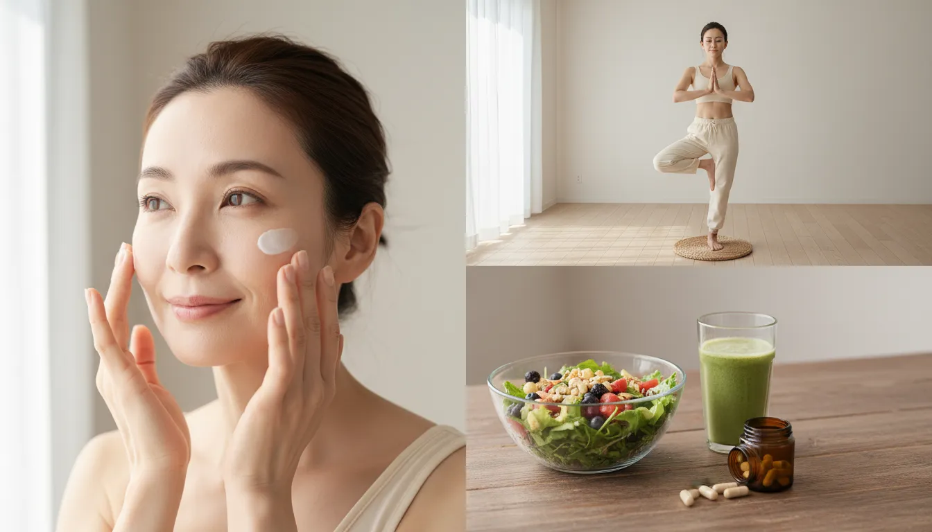 40代女性の若々しい習慣を表す写真風イメージ：スキンケア、軽いストレッチ、野菜たっぷりの食事、サプリメントをそろえた朝のライフスタイル（文字なし）
