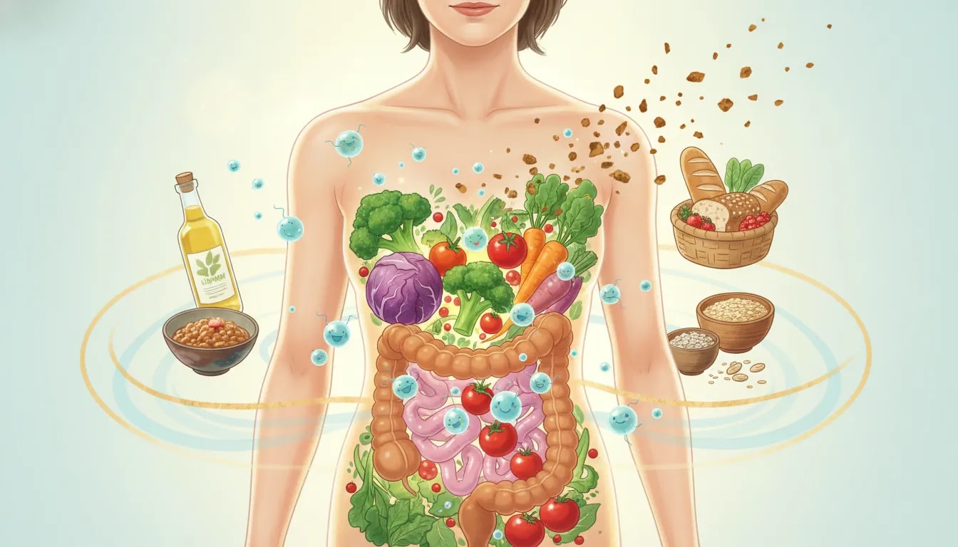 半透明の中年胴体で、光る腸がカラフルな腸内フローラと水素の泡で錆を溶かし若返るイメージ