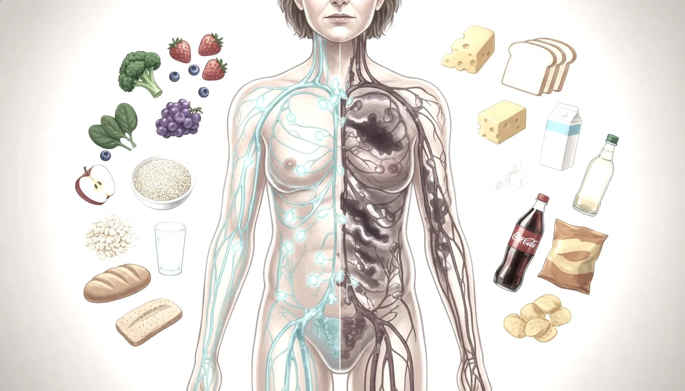 40代の半透明胴体イラスト。片側は青緑に流れる健康なリンパと野菜などの健康食品、反対側は黒ずんだ詰まったリンパ節と小麦・乳製品・砂糖・植物油などの有害食品で対比（文字なし）