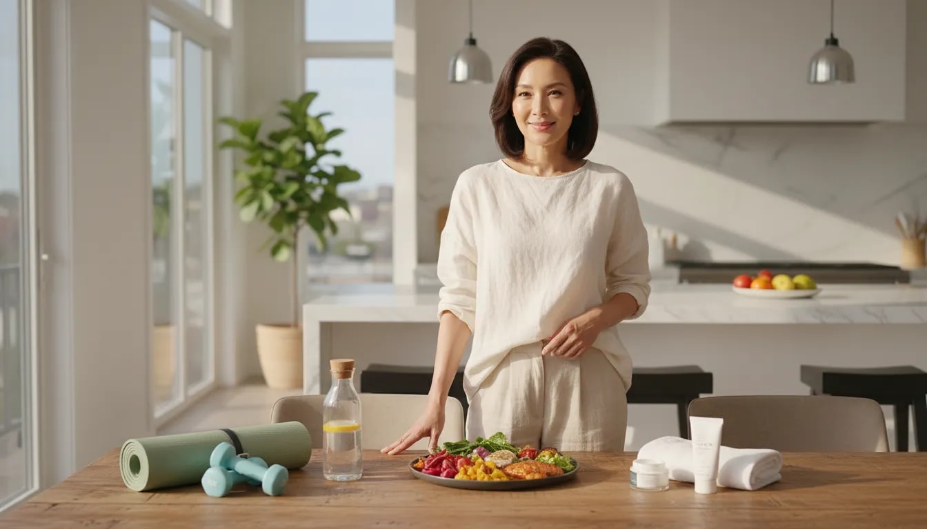 40代の女性が彩り豊かな野菜中心の食事、ヨガマットやダンベル、保湿クリームや日焼け止めに囲まれて若々しい健康習慣を実践する写真風のイメージ（文字なし）